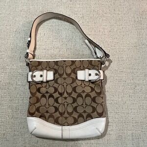 Coach Signature Monogram Canvas Leather Trim Shoulder Bag Brown White Purse